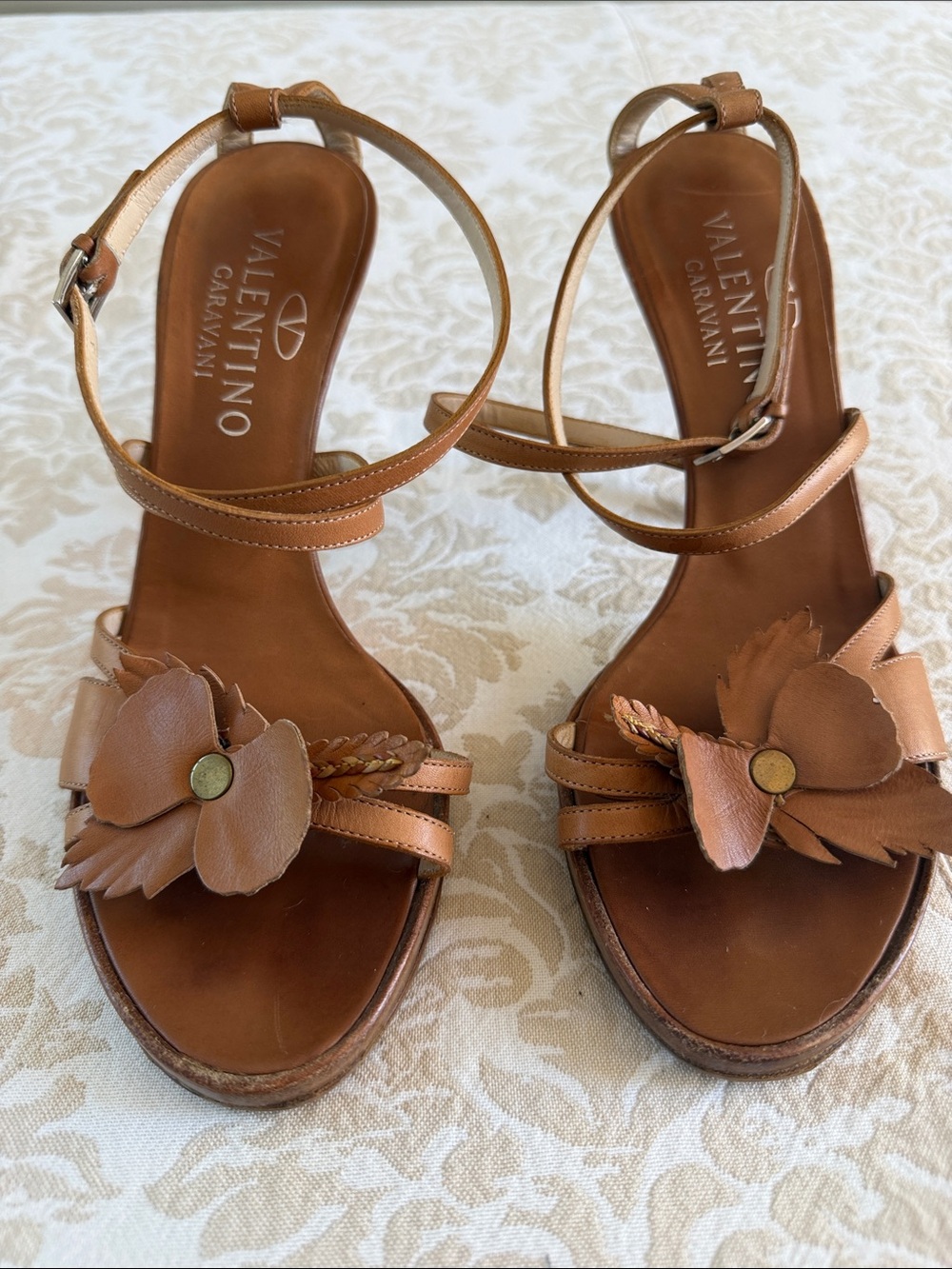 Valentino Garavani Tan Leather Floral Ankle-Strap Sandals